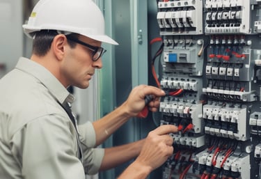 A close-up view of an industrial electrical panel with various switches and warning labels. The panel features caution and danger signs in multiple languages, and its metallic surface is complemented by the soft lighting of the room.