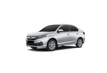 a silver Honda Amaze car parked on a white background