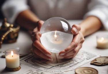 A small wooden structure with a shingled roof displays a large banner advertising psychic readings with elements like a hand, moons, and stars. To the left, a sign denotes reserved parking for a 'mystical journey' alongside a potted plant with orange flowers and a red bow on the wall.