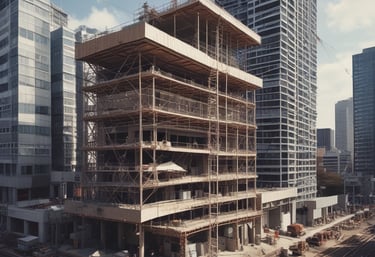 A two-story house under renovation with new brickwork being added. A black tarp covers construction materials in the foreground, surrounded by wood and other building materials. The house features a light brown exterior with two windows on the upper floor, white-framed doors, and a partially completed extension on the ground floor.