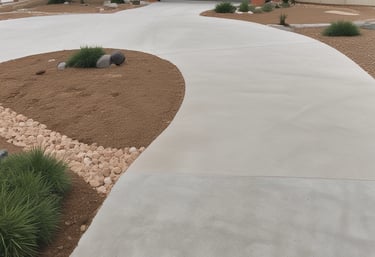 A well-maintained garden landscape featuring neatly arranged flower beds with geometric patterns, surrounded by lush green trees and shrubs. A patterned stone walkway leads up stone steps, bordered by vibrant green ivy. A decorative statue or sculpture is placed on a pedestal next to a potted plant. The background includes various tall trees under a partly cloudy sky.
