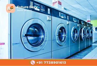 Row of industrial washing machines.