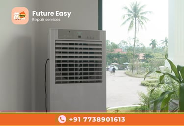Indoor air cooler near a window with "Future Easy" branding.