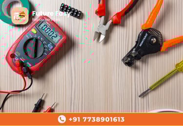 Electrical repair tools on a wooden surface with "Future Easy Repair Services" branding.