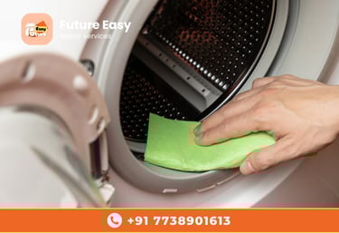 Hand cleaning a washing machine drum, featuring "Future Easy Repair Services" branding.