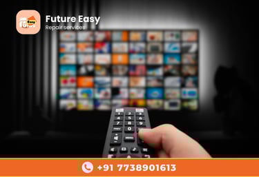 Hand holding a remote in front of a smart TV screen. Future Easy TV repair services.