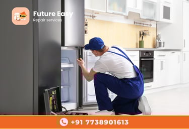 Technician fixing a refrigerator with "Future Easy" branding.