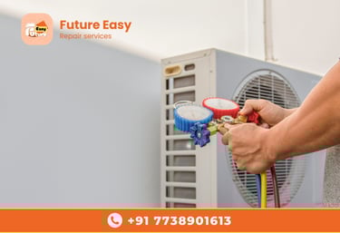Future Easy technician checking an AC unit with manifold gauges