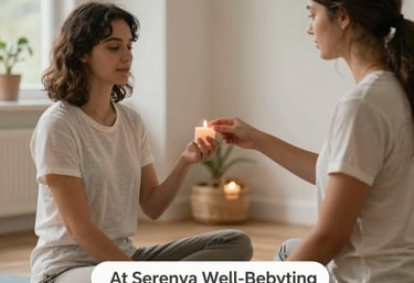 Cozy corner with candles, crystals, and soft lighting creating a peaceful atmosphere.