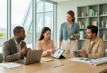 Diverse professionals from different industries collaborating in a modern workplace