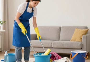 Cleaning staff preparing a vacation home, making beds and tidying rooms.