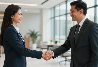 Two Latin American professionals in business attire shaking hands in a modern, light-filled office lobby. The scene conveys trust, success, and corporate professionalism.