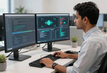A modern South Asian software developer working in a clean, high-tech environment with dual monitors and ergonomic setup. The scene is bright, reflecting a professional and high-quality workspace in an Indian IT hub.