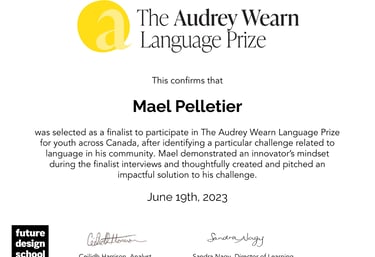 Certificat de sélection pour le prix du language Audrey Wearn
