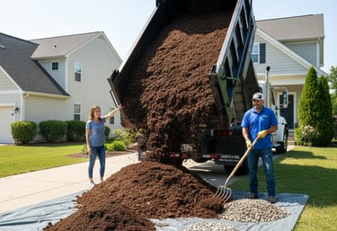 A dump truck delivering bulk garden mulch and landscaping stones to a residential driveway for a home project.