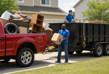 Professional junk removal service loading furniture and boxes into a large dumpster trailer.
