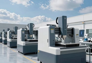 Wide shot of a clean, bright, and organized Spanish manufacturing floor. Multiple CNC machines are aligned perfectly, showing a modern industrial environment with Clouds white and Greyish Blue highlights.