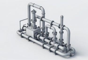 3D wireframe render of a complex sanitary installation network in a clean industrial style, #1A2A3A and #4F6D7A palette.