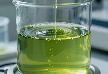 Vibrant pure chlorella liquid culture circulating inside a modern glass laboratory container with a high-tech clinical glow.