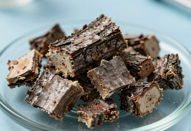 Extreme close-up texture shot of organic pine bark extract chunks on a clean glass plate, illuminated by soft blue clinical accent lighting in a North American medical clinic style.