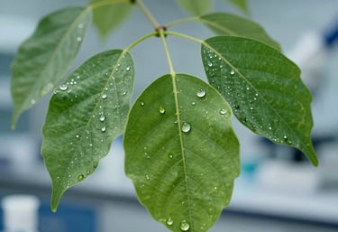 Detailed macro photography of clean, fresh green Moringa leaves shimmering with fine water droplets in a clinical research laboratory setting.
