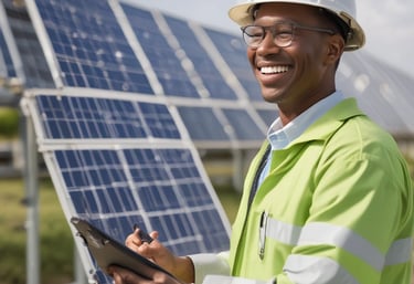 Solar panels integrated into Ecuador's electrical grid infrastructure under a clear sky.