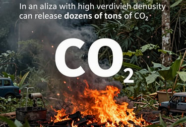A forest fire releasing smoke with a CO2 text overlay discussing environmental impact and carbon emissions.
