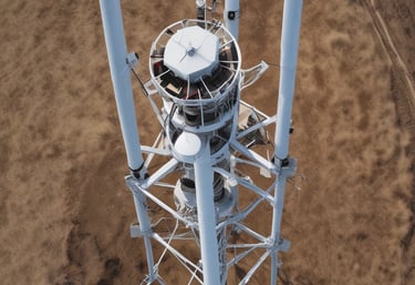 Drone flying over industrial infrastructure during inspection at sunset.