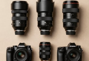 A professional flat lay of photography equipment on a sand-colored background. Minimal, elegant, and organized.