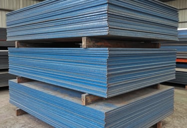 Stacked heavy-duty blue industrial steel plates and metal sheets in a warehouse storage facility.