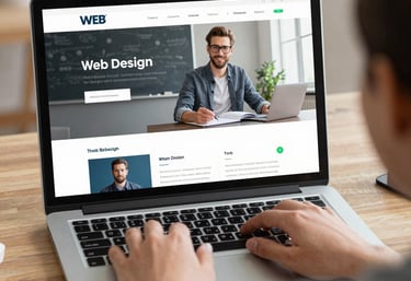 A creative team collaborating over web design mockups in a modern office.