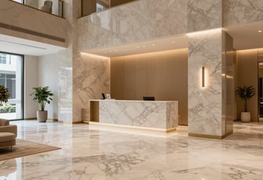 An elegant, minimalist lobby of a premier financial center in Bangkok, featuring marble floors, champagne-colored accents, and a tranquil atmosphere.