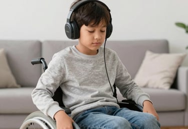 A smiling child using a sensory toy with a caring adult nearby in a bright room.