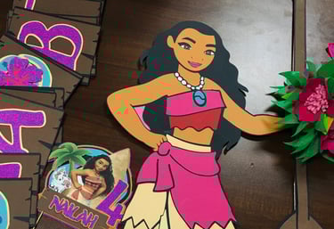 moana birthday party decor, cake topper, birthday banner, standee, props, head dress