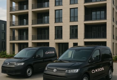 two vans parked in front of a building
