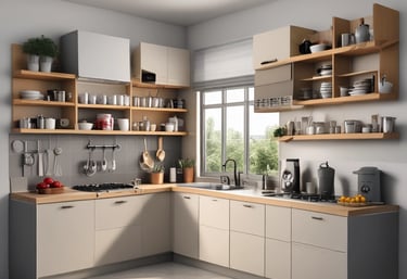 The image features a modern interior with a geometric pattern of triangular shapes on the wall. The surfaces have a metallic appearance, with a gradient of shades from light to dark. Two ceiling lights are visible, casting soft illumination across the surfaces.