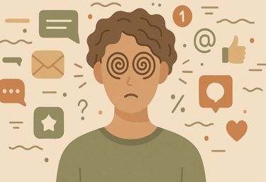 Persona confundida con ojos en espiral, rodeada de palabras y símbolos. Representan sobreinformación