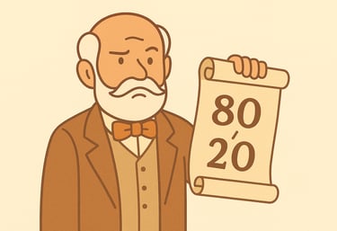 Ilustración humorística de Vilfredo Pareto con un pergamino que dice "80/20", con gesto de confusión