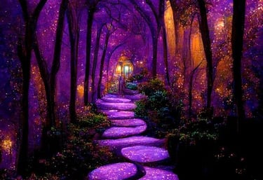chemin arboré lumière violette vers les portes de l'esprit sous hypnose régressive