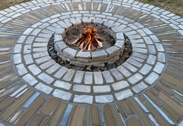 circular fire pit, cozy fire, natural stone