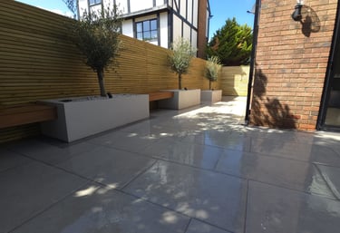 a porcelain patio with a planter and olive trees and a bench