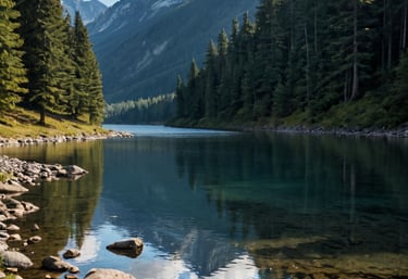 A lake with pine trees on the sides and mountains in the distance.