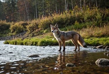 A fox standing in a shallow river