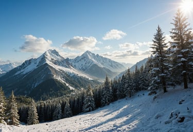 A snow covered hill side with mountains