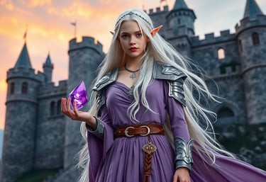 A female elf wearing a purple gown in front of a castle