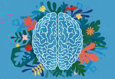 Desenho de um cérebro rodeado por plantas e flores, simbolizando saúde mental e bem-estar,