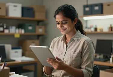 A South Asian small business owner in a modern, organized workshop in Maharashtra, looking at their tablet with a satisfied expression. The lighting is warm and conveys a sense of business security.