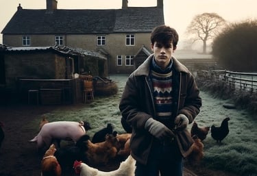 A teenage boy feeds the pigs and chickens on a small English farm