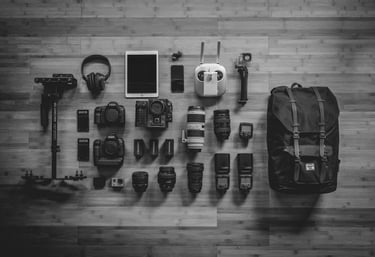 Camera gear laid out - the photographer's kit.