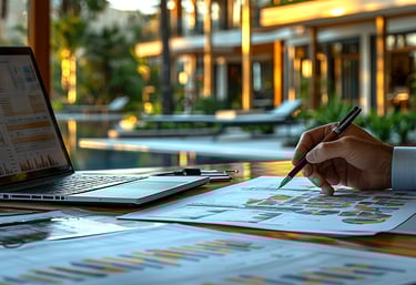 Évaluation précise de biens touristiques en Guadeloupe pour une vente réussie, illustrant un expert immobilier analysant des